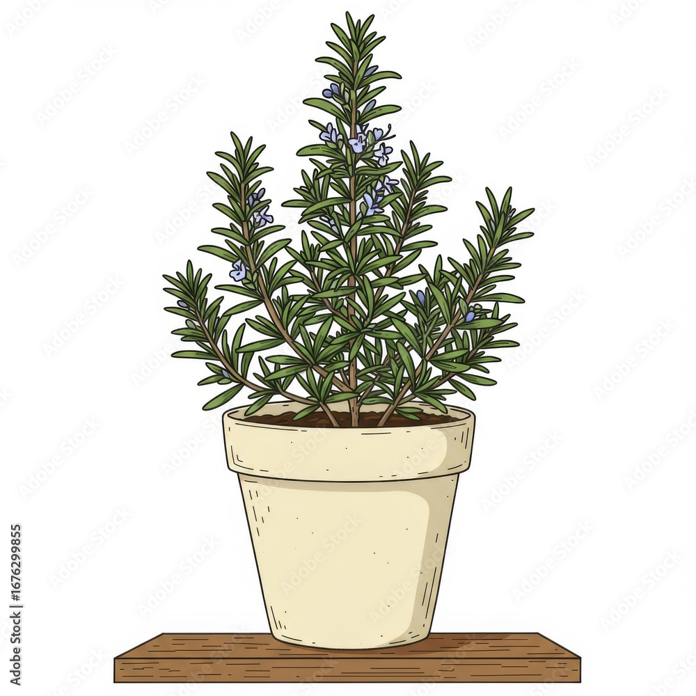 Fototapeta premium Rosemary Plant in Beige Pot on Wooden Surface with Green Foliage Illustration