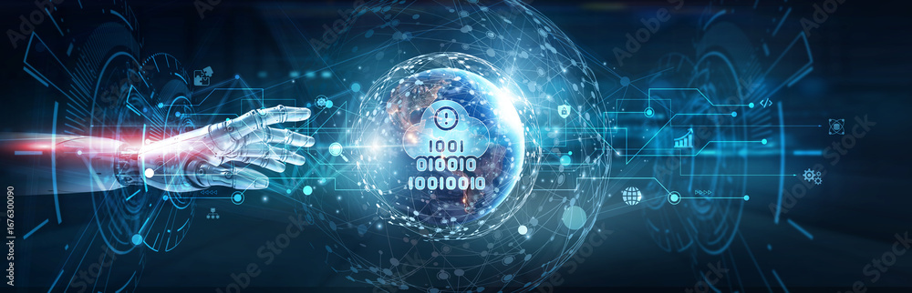 Obraz premium Hands of robot touch on low-code no-code AI network and automated workflows, drag-and-drop development, AI-driven apps, process acceleration, enterprise integration, digital transformation solutions.