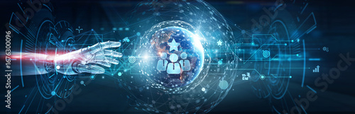 Fotografie Hands of robot touch on leadership network and decision-making strategies, team