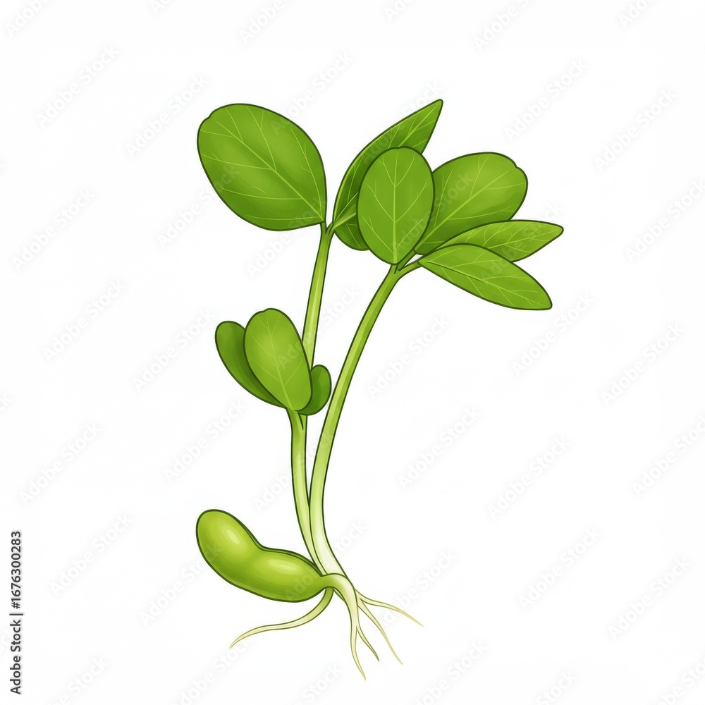 Fototapeta premium Vibrant Green Soybean Sprout Seedling with Leaves and Roots on White Background