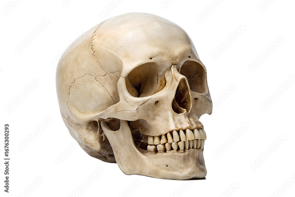 Obraz premium Detailed human skull model in clear side view, showcasing intricate bone anatomy, isolated on crisp white background for scientific and educational purposes