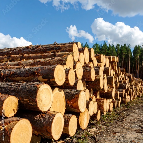 Logs stacked in forest