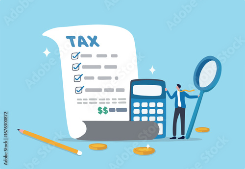 Tax planning, financial strategy for tax optimization, reduction or refund, income or revenue management, taxation or calculation concept, businessman with magnifying glass analyze tax plan document. 