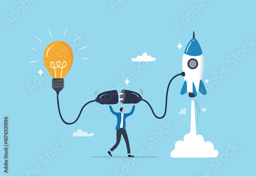 Entrepreneur business idea creating startup company, start new business with creativity, innovation, company founder, inventor or development, businessman connect lightbulb idea with launching rocket.