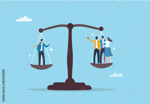 Full time or contractor decision, worker or employee equality, salary or wages pay check, responsibility, staff capability judgement, efficiency concept, business people balance on scale. 