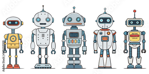 Colorful Cartoon Robots Collection in Vector Style with Transparent Background.