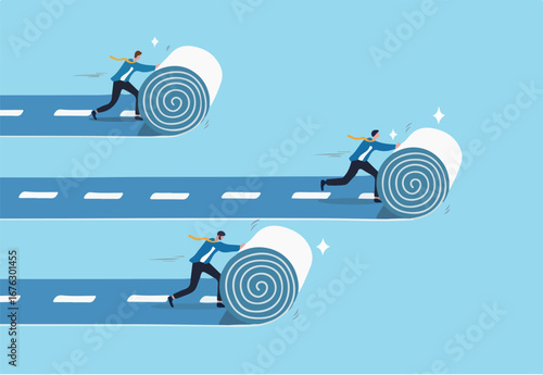 Career path development, effort or motivation to lead to success, business competition, efficiency or productivity, employee performance concept, businessman roll career road to create success path.