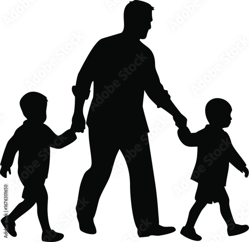 Father and two children walking together holding hands silhouette family bonding outdoor activity silhouette