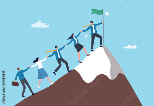 Team achievement, teamwork to success together, colleagues support or leadership to lead team to overcome challenge, cooperation concept, business people team member help others reach mountain peak. 