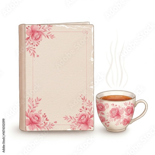 Floral Book Cover and Steaming Tea Cup in a Cozy Indoor Setting Watercolor