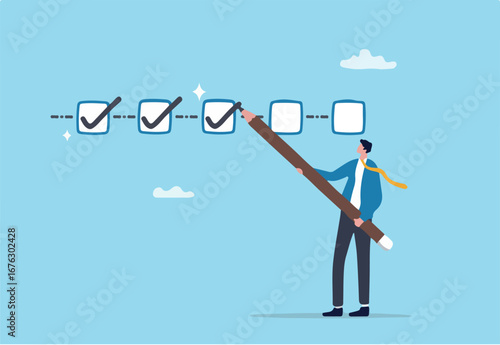 Project tracking, finishing or development completion progress, project timeline or task workflow, productivity or efficiency concept, businessman project manager tick project checklist progress.