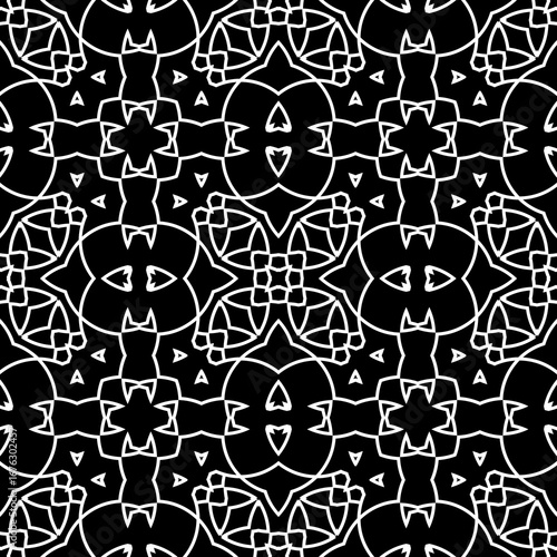 Seamless surface pattern with crossing figures. Symmetric abstract background. Circular ornament wallpaper. Lacy openwork motif. For digital paper, page fills, web design. Vector art illustration