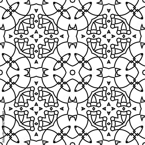 Seamless surface pattern with crossing figures. Symmetric abstract background. Circular ornament wallpaper. Lacy openwork motif. For digital paper, page fills, web design. Vector art illustration