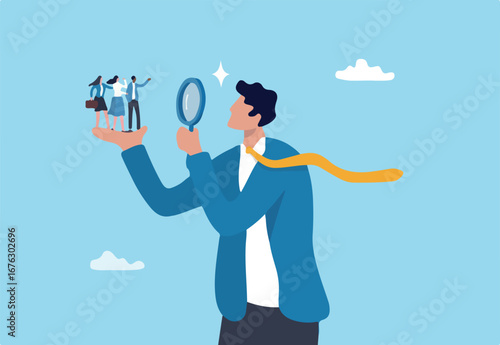 Analyze candidate, employee performance review, evaluation or analysis, choose recruitment applicants, staff or finding right person for job concept, businessman analyzing employee or job candidates.