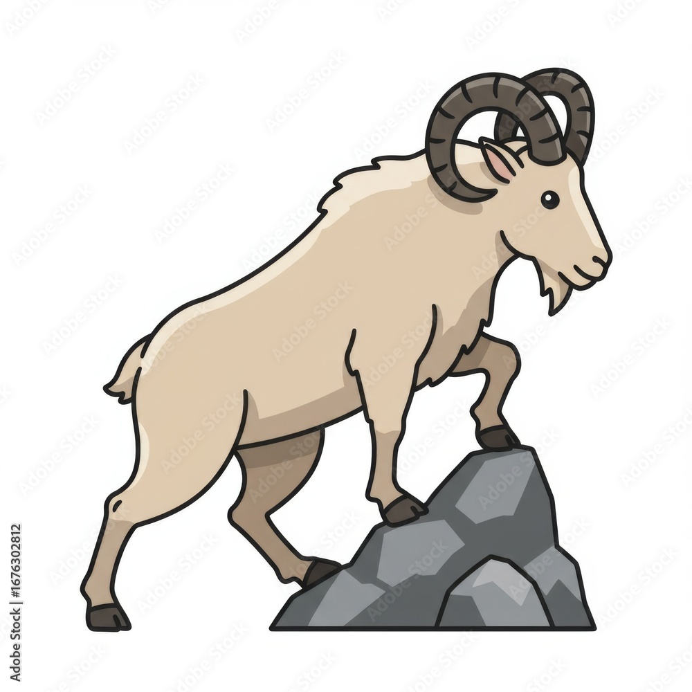Fototapeta premium Cartoon Mountain Goat Climbing a Rock on a White Background Vector Illustration
