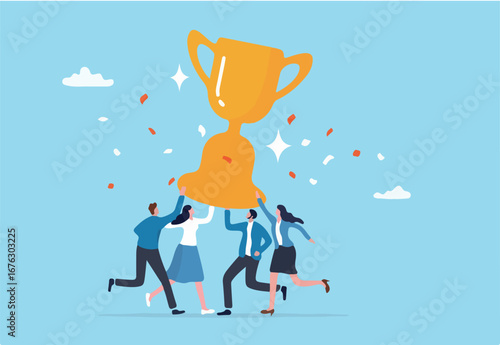 Team success achievement, winning trophy award together, celebrate team effort collaboration, teamwork motivation, ambition concept, business people colleague celebrate award winning trophy together. 