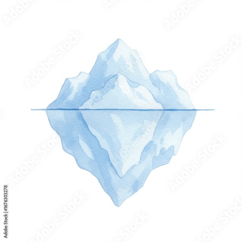 Watercolor Painting of a Blue and White Iceberg with Reflection on Water