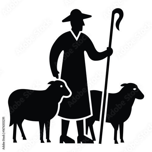 shepherd with sheep silhouette vector icon