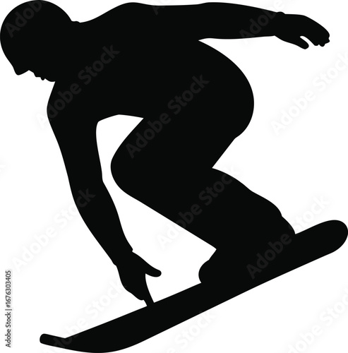 Dynamic silhouette of a snowboarder executing a turn on a snowy slope silhouette