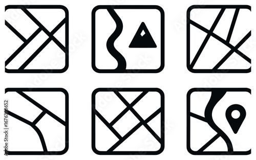 Map navigation linear icon set. featuring routes, landmarks, and location symbols for apps and websites