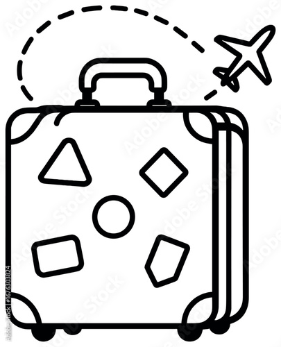 Travel linear icon set. featuring suitcase, airplane, map, passport, camera, and compass symbols