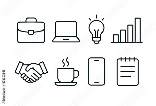 Office essentials linear icon set. featuring briefcase, laptop, lightbulb, graph, handshake, coffee, phone, notepad
