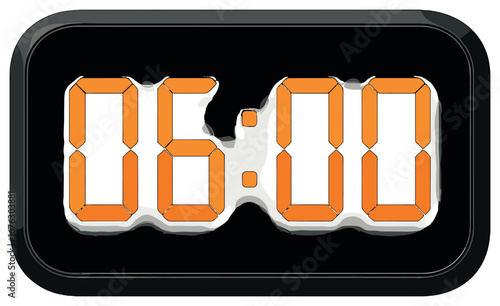 Digital clock 3d icon. featuring a glowing orange display reading 06:00 in a sleek design