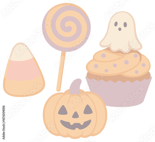 Halloween flat icon set. featuring ghost, cupcake, pumpkin, candy corn, and lollipop symbols