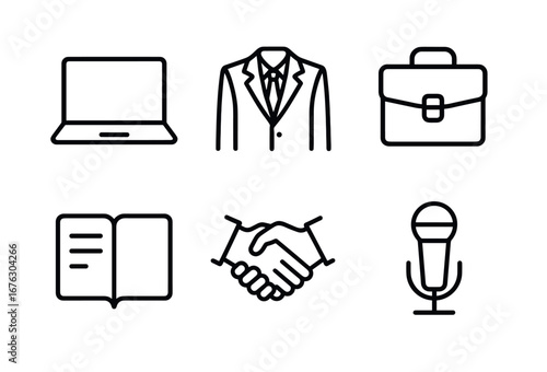 Business essentials linear icon set. featuring laptop, suit, briefcase, book, handshake, and microphone symbols