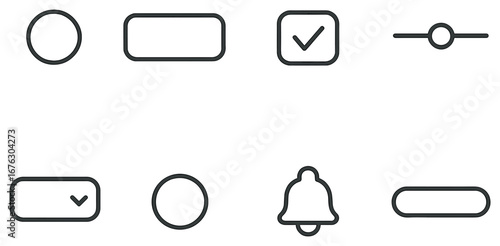 Ui elements linear icon set. featuring toggle, button, checkbox, radio button, and notification bell