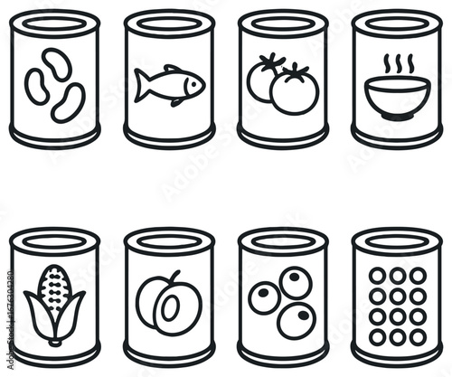 Food cans linear icon set. featuring beans, fish, tomatoes, soup, corn, peaches, olives, peas