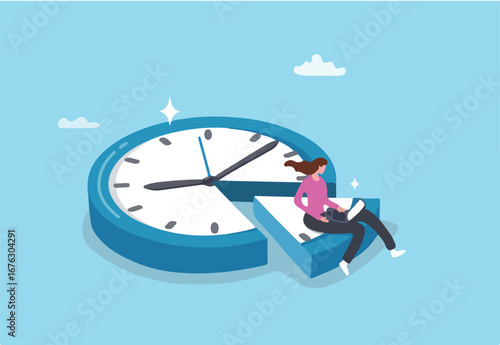 Part-time job, work tracking system, day planning or time management, side hustle or office work deadline, start and end time schedule concept, businesswoman working with laptop on split time clock.