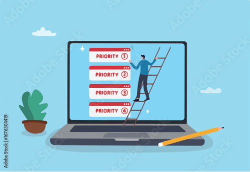 Priority work moving urgent and important task on top, planning with urgency list, critical or deadline work to be done, project planning concept, businessman move priority task on computer laptop