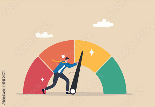 Push skill level, credit score or increase performance, improvement or effort to be better, excellent customer feedback review, gauge scale rating concept, businessman pushing skill performance gauge.