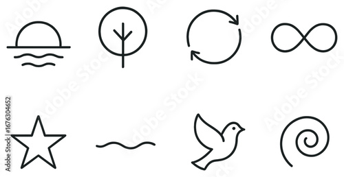 Nature and ecology linear icon set. featuring sunset, tree, cycle, infinity, star, wave, dove, spiral symbols