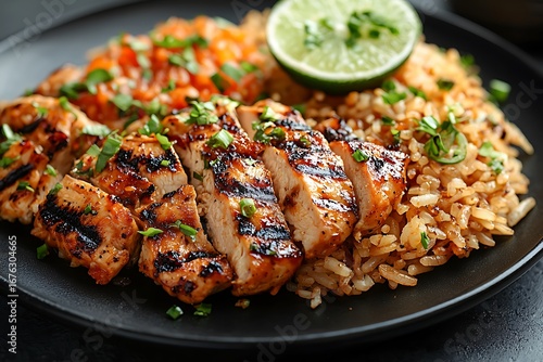 Grilled chicken with spicy rice platter high resolution picture