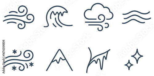 Weather and nature linear icon set. featuring wind, wave, cloud, water, snow, mountain, ice, and star symbols
