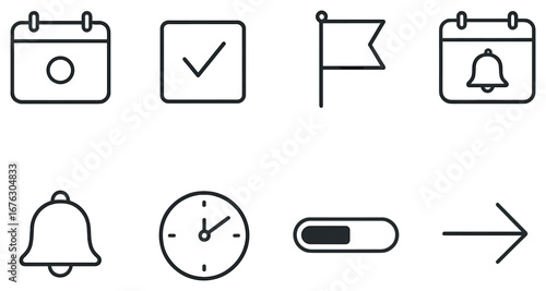 Task management linear icon set. featuring calendar, checklist, flag, notification, clock, loading, and arrow icons