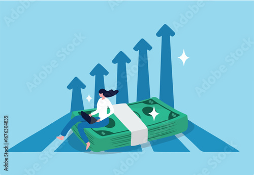 Increase income or salary raise, growing investment, wealth or saving profit, revenue rising, improvement or accumulate wealth concept, woman working with computer on banknote money growing graph.