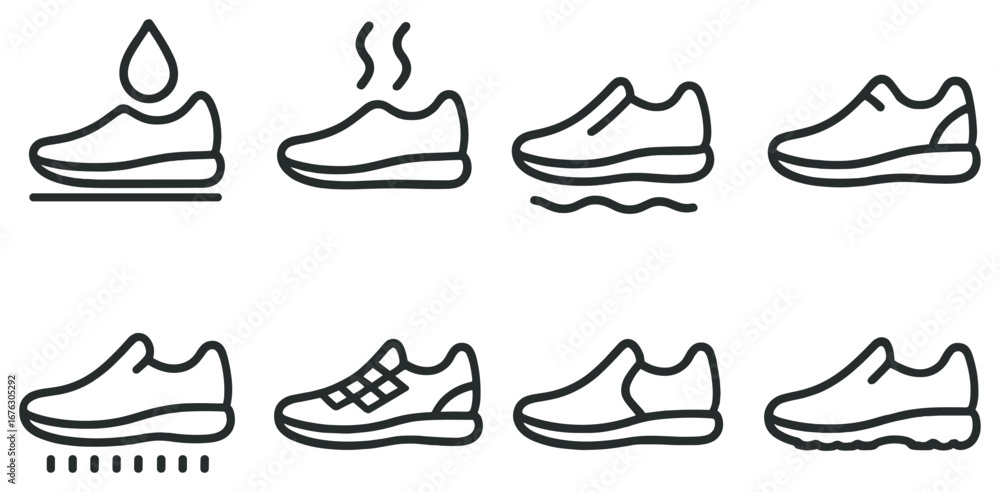 Naklejka premium Shoe features linear icon set. waterproof, breathable, lightweight, non-slip, comfortable, stylish, durable shoes