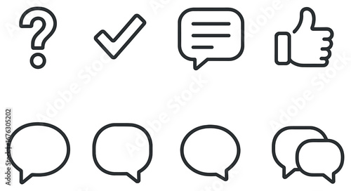 Communication flat icon set. featuring question mark, check, message, thumbs up, and speech bubble symbols