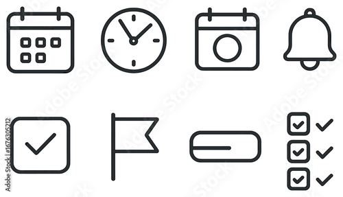 Productivity linear icons set. featuring calendar, clock, notification, checklist, flag, and progress bar symbols