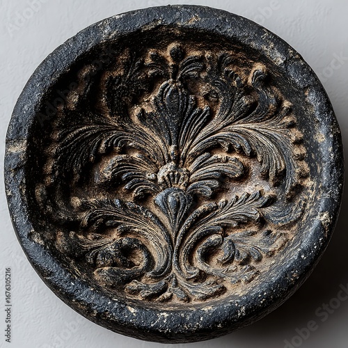Handcrafted floral carved design on soapstone bowl high resolution picture