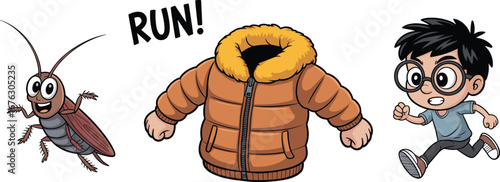 Funny cartoon of scared boy running from cockroach in winter coat with text on gray background