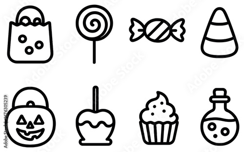 Halloween treats linear icon set. featuring candy bag, lollipop, wrapped candy, candy corn, pumpkin bucket, caramel apple, cupcake, potion bottle