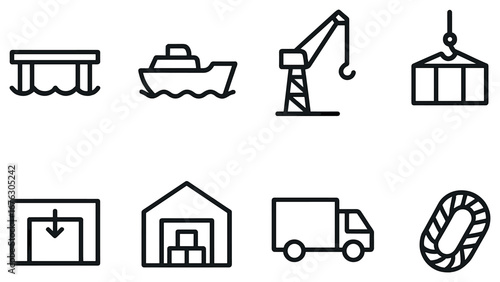 Shipping and logistics linear icon set. featuring dock, ship, crane, container, warehouse, truck, rope