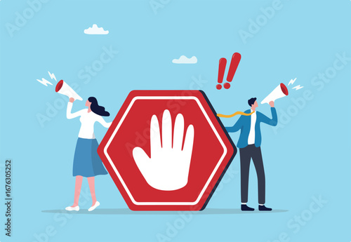 Forbidden warning, prohibition, don't do or stop rule, false or restriction, danger, bad hazard disallow message, illegal or ban concept, business people announce forbidden message with prohibit sign.