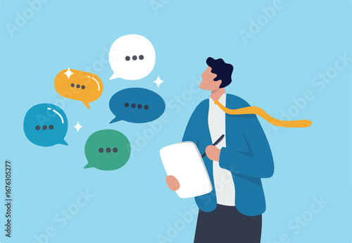 Requirements gathering, client demand or customer opinion, summary or meeting conclusion, stakeholders use case, lecture or meeting note concept, businessman write client requirements from discussion.