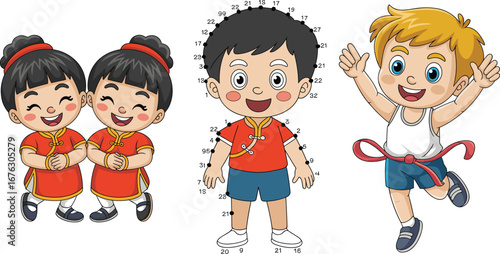 Happy cartoon children, twin girls, boy with dot game, running kid, cute fun vector illustration