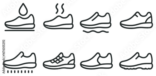 Shoe features linear icon set. waterproof, breathable, lightweight, non-slip, comfortable, stylish, durable shoes